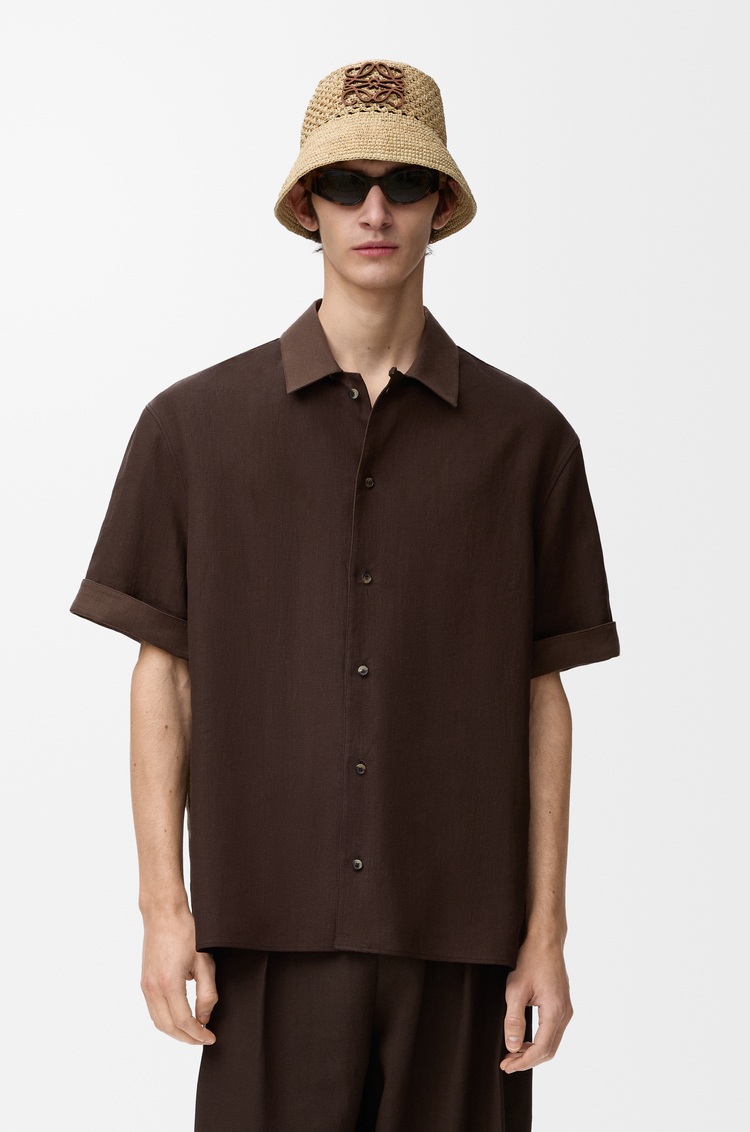 LOEWE 棉麻短袖襯衫 深棕色/棕色