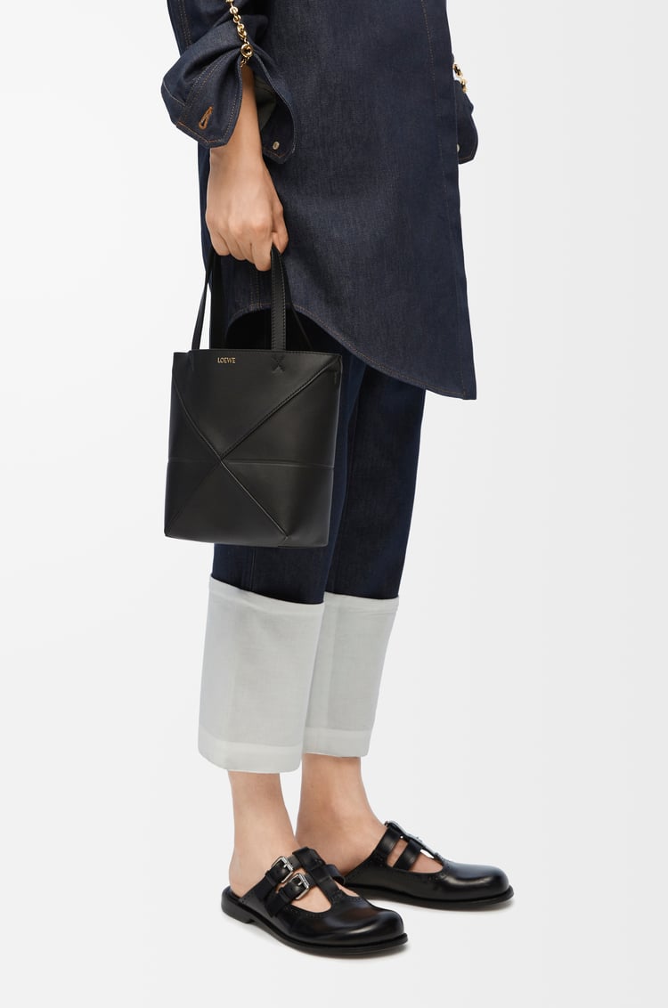 LOEWE Mini Puzzle Fold tote in shiny calfskin Black