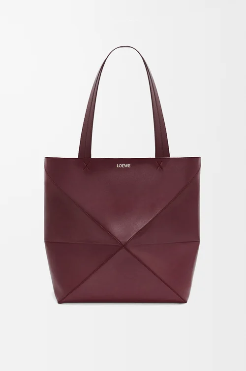LOEWE XL Puzzle Fold tote in shiny calfskin Dark Burgundy