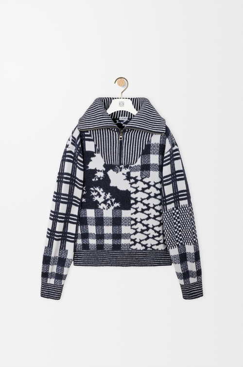 LOEWE Pullover mit Reißverschluss aus Wolle Marineblau/Weiß