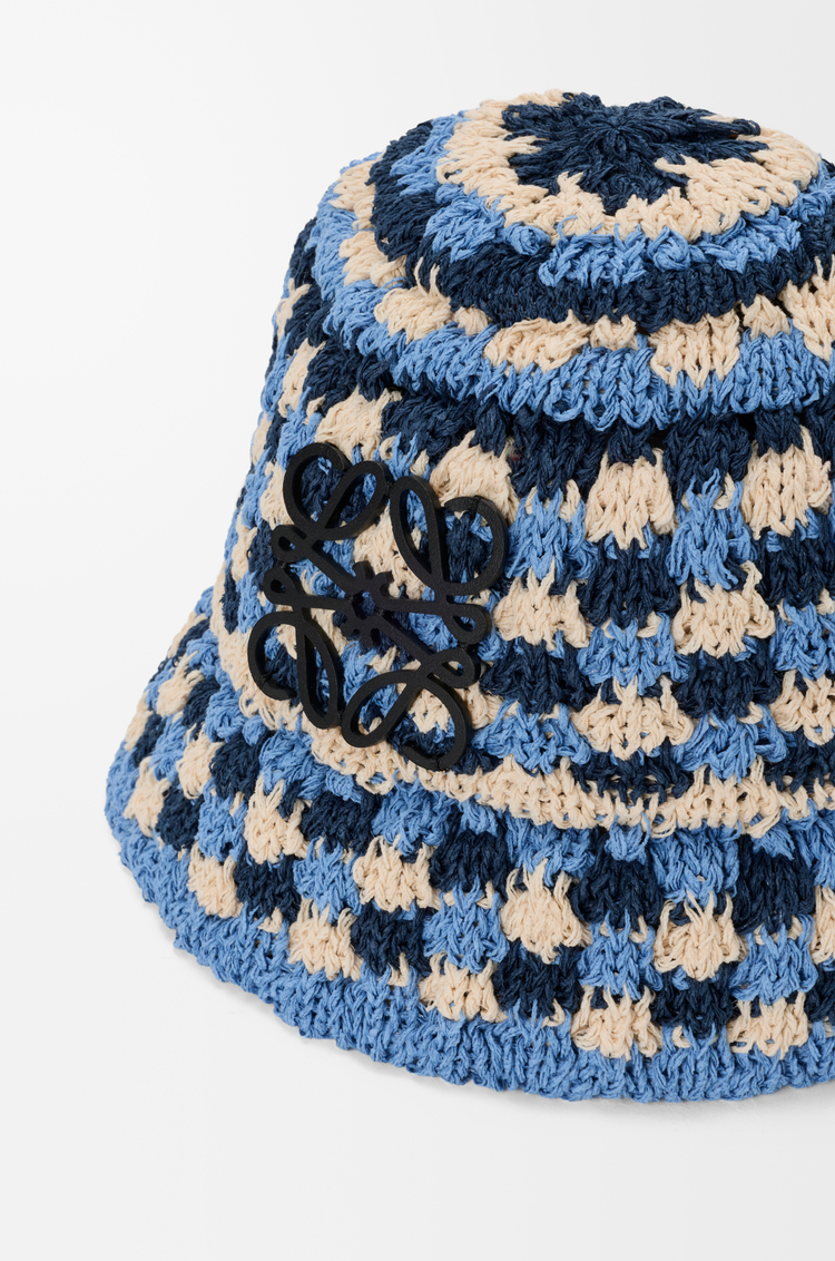 LOEWE Patch crochet bucket hat in raffia and calfskin Navy/Sky Blue