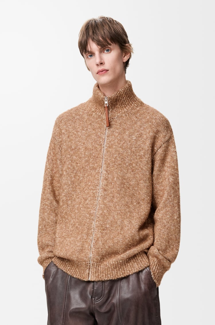 LOEWE Zip-up cardigan in cotton, linen and wool Beige