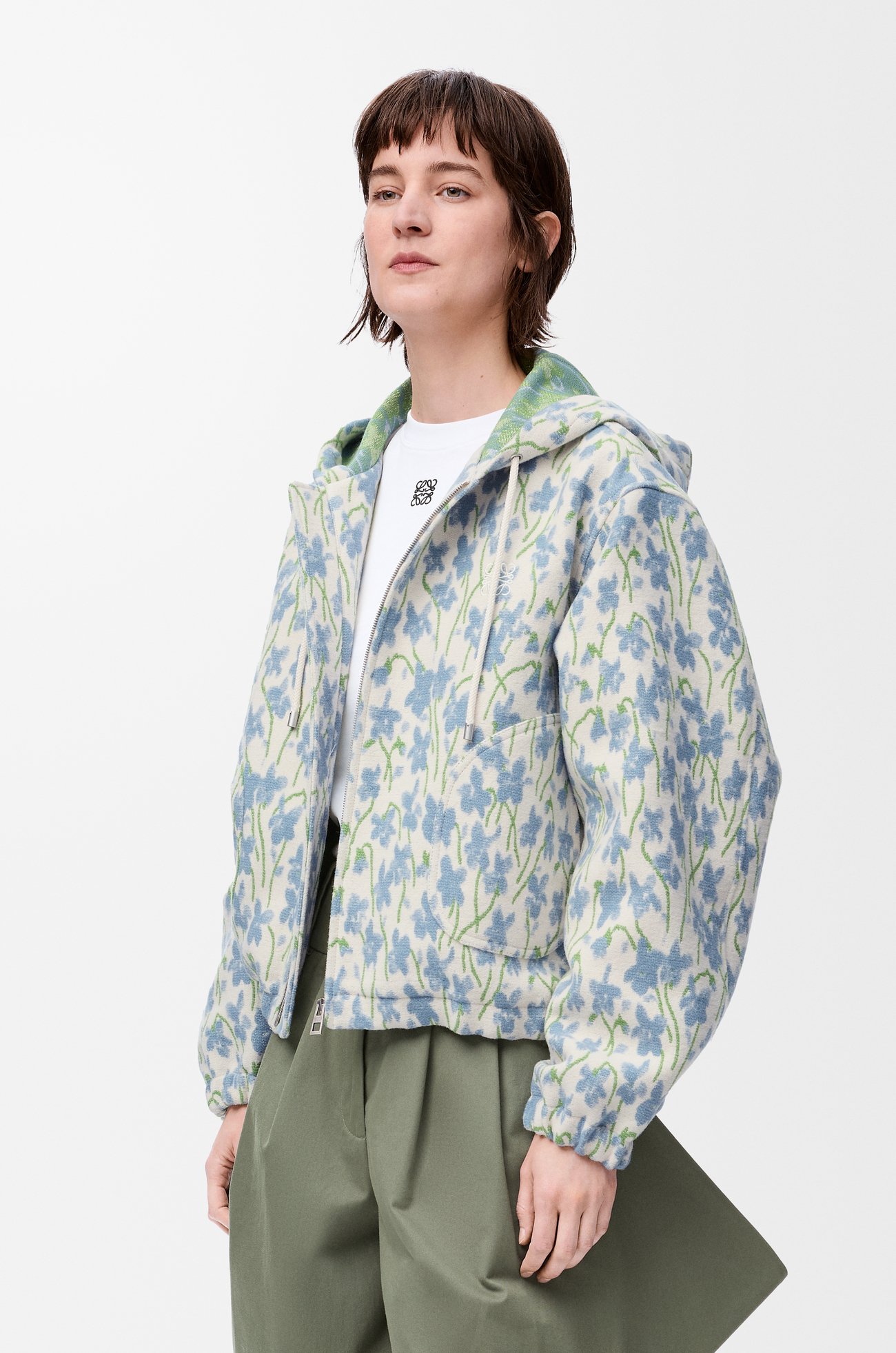 LOEWE Hooded jacket in wool and cotton White/Blue