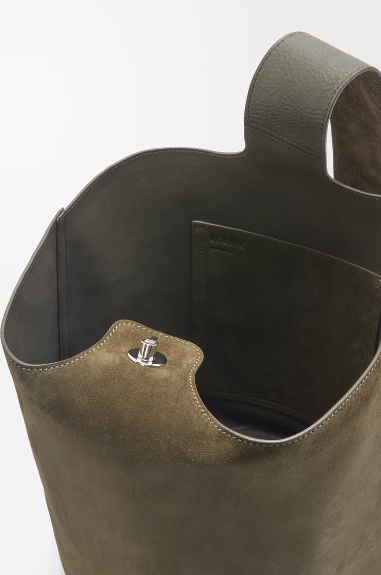 LOEWE Large Pebble bucket bag in suede calfskin Dark Olive