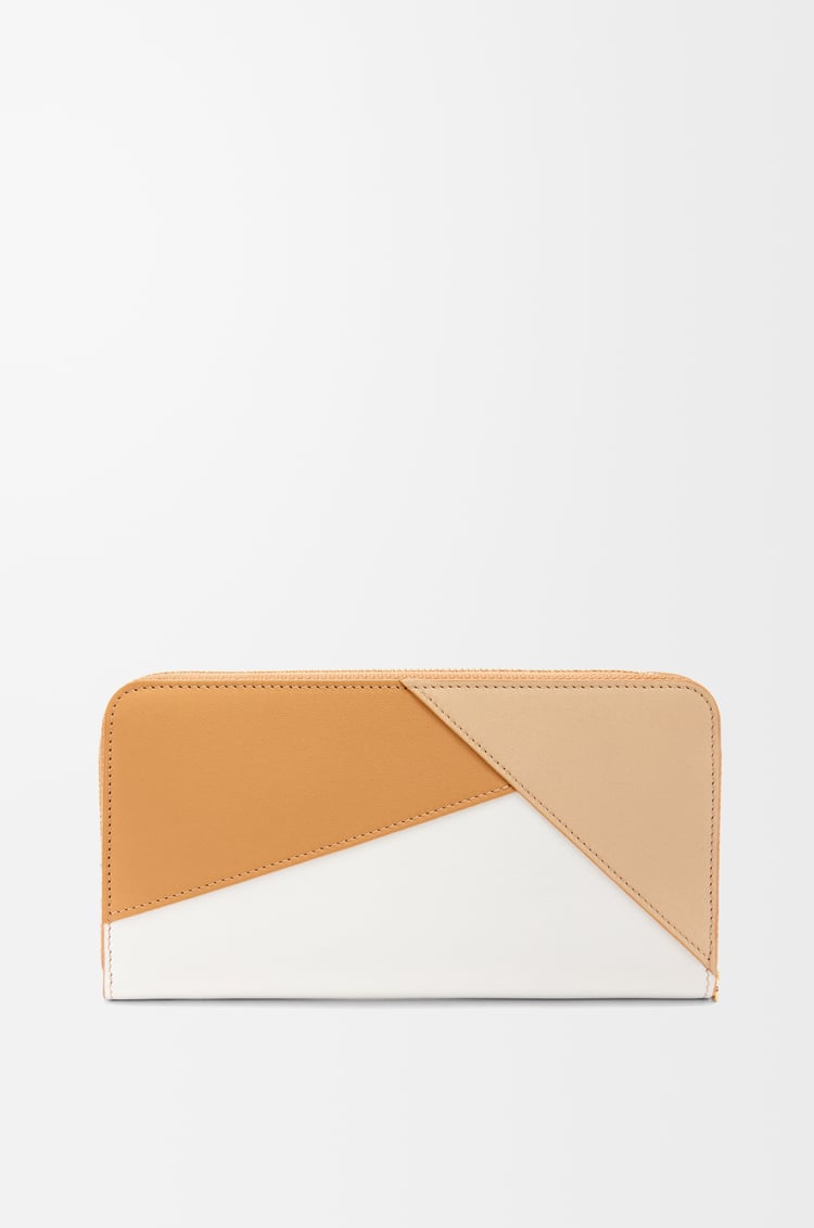 LOEWE 经典牛皮革 Puzzle 环绕式拉链钱包 奶黄色/灰米色/金色