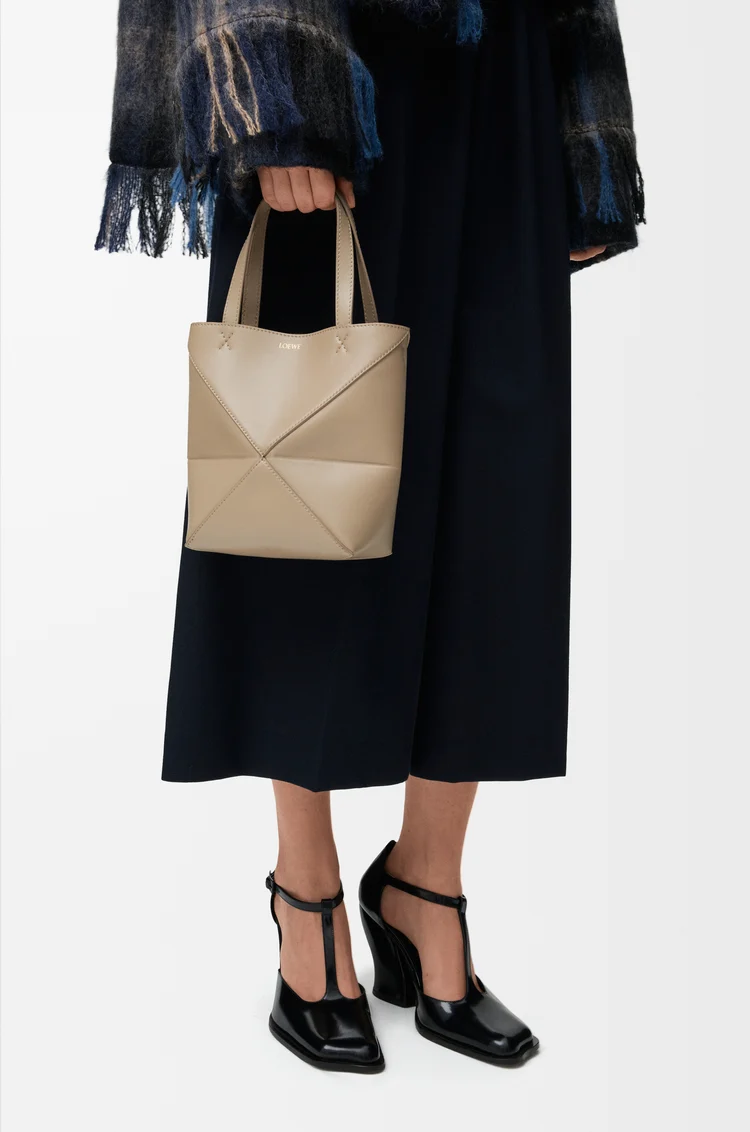 LOEWE Mini Puzzle Fold tote in shiny calfskin Sand