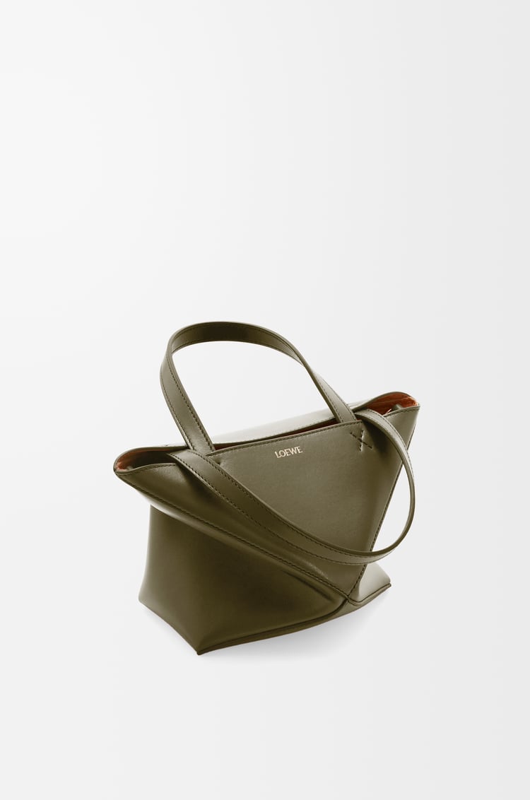 LOEWE Mini Puzzle Fold tote in shiny calfskin Dark Khaki