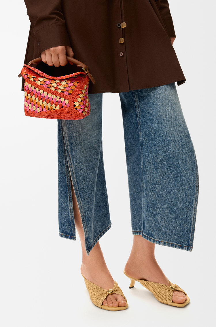 LOEWE Mini Puzzle Edge bag in raffia and calfskin Bright Orange/Pink