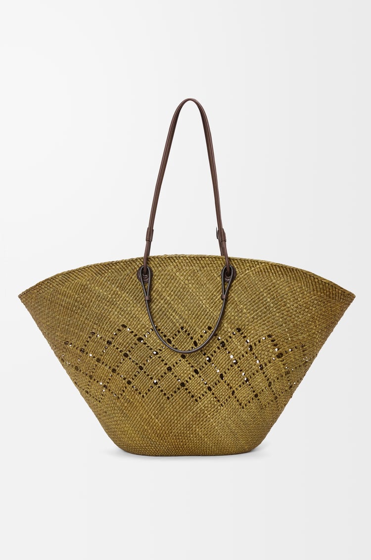 LOEWE Large Anagram Basket bag in iraca palm and calfskin Olive/Chestnut