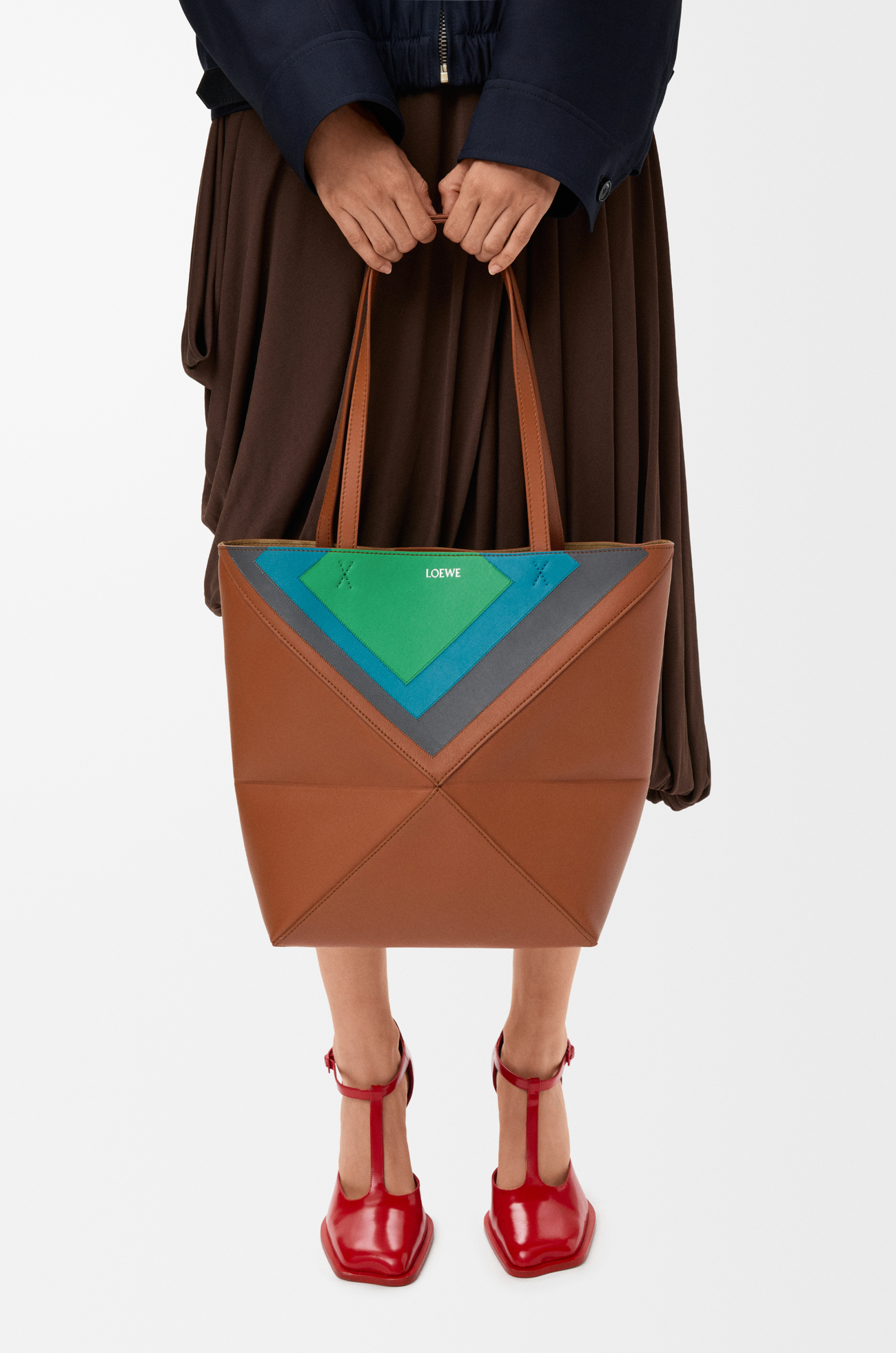 LOEWE Medium Puzzle Fold tote in nappa calfskin Caramel/Bright Green