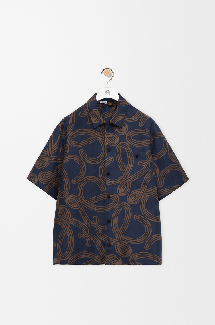 LOEWE Camisa de manga corta en seda Azul Marino/Marrón