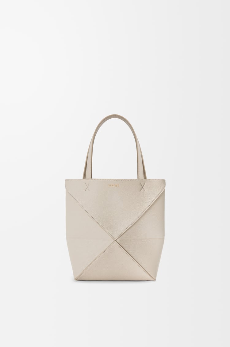 LOEWE Mini Puzzle Fold Tote aus weichem, genarbtem Kalbsleder Light Ghost
