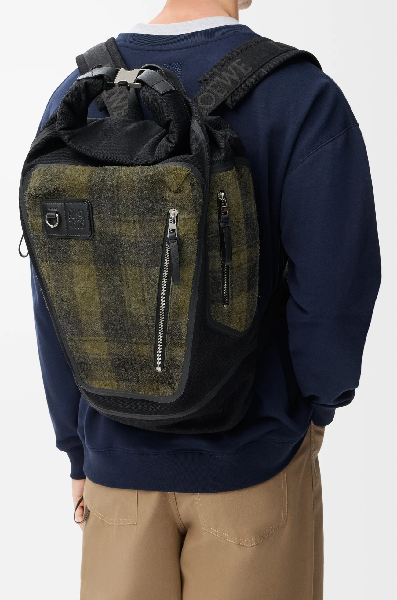 LOEWE Flex roll-top backpack in canvas and brushed suede Khaki/Black
