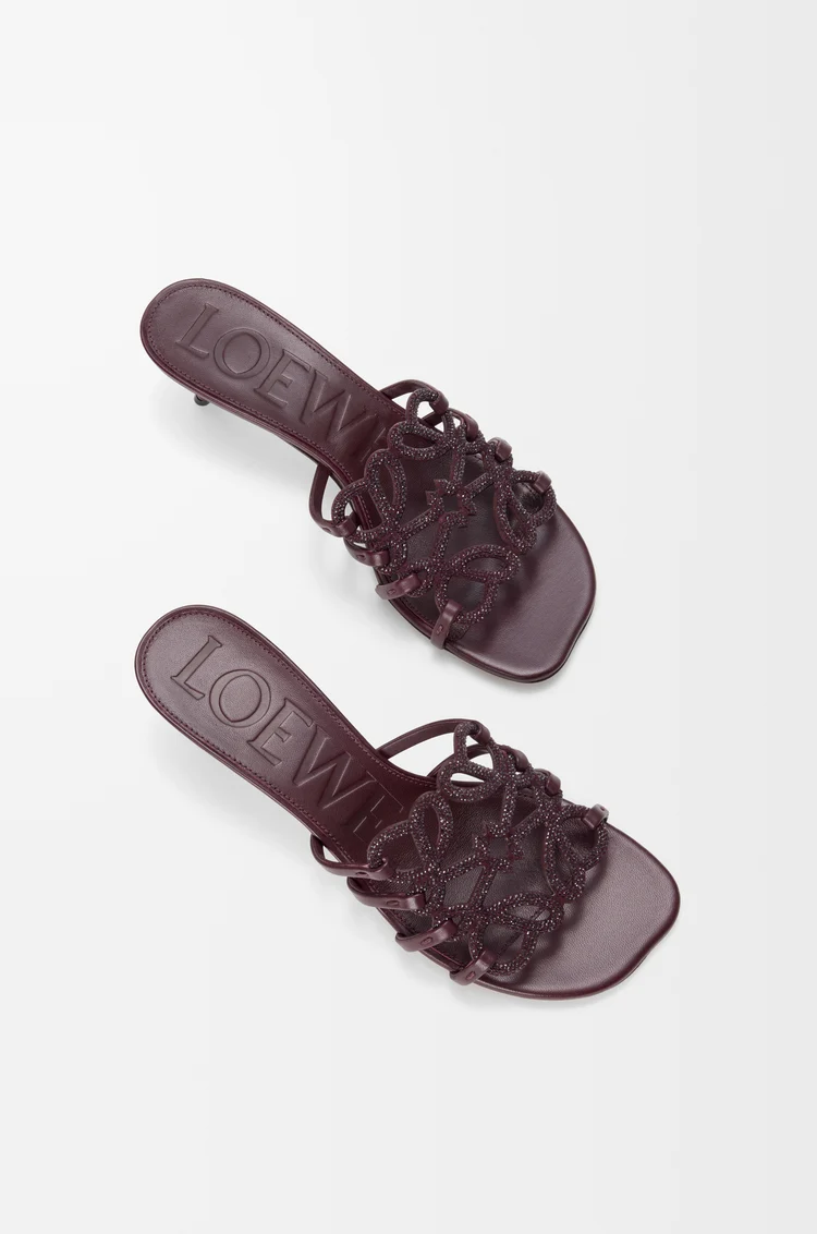 LOEWE Petal Anagram slide in rhinestone-embellished suede Dark Burgundy