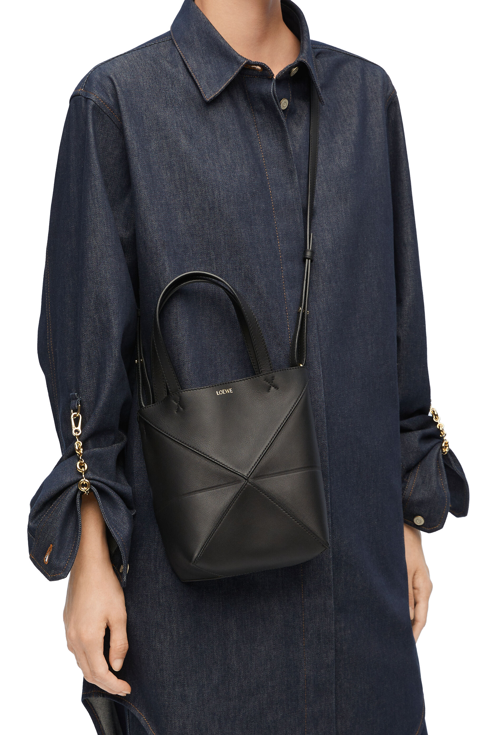 Mini Puzzle Fold tote in shiny calfskin Black LOEWE