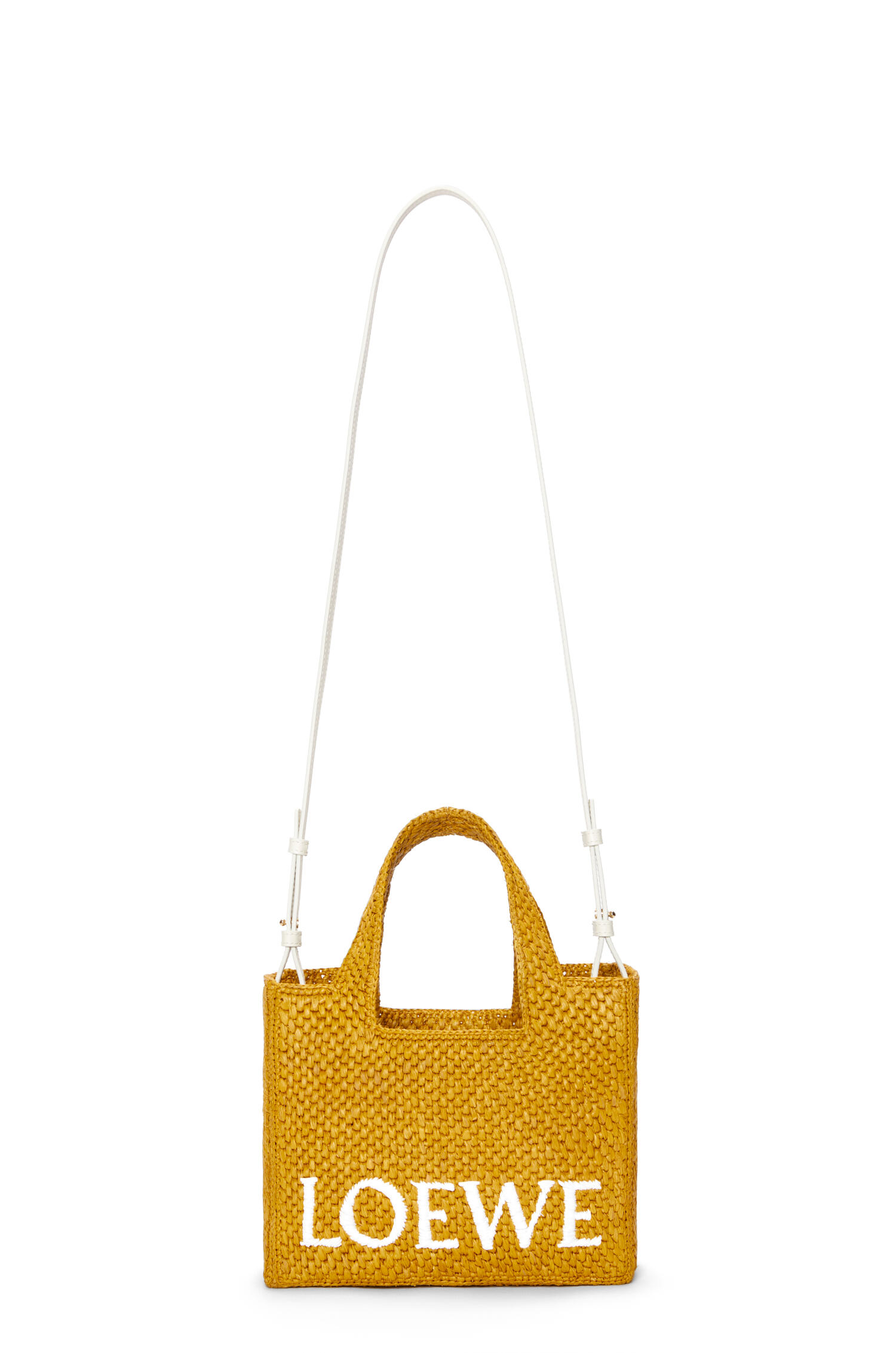 Small LOEWE Font Tote in raffia & woven spiral strap in classic