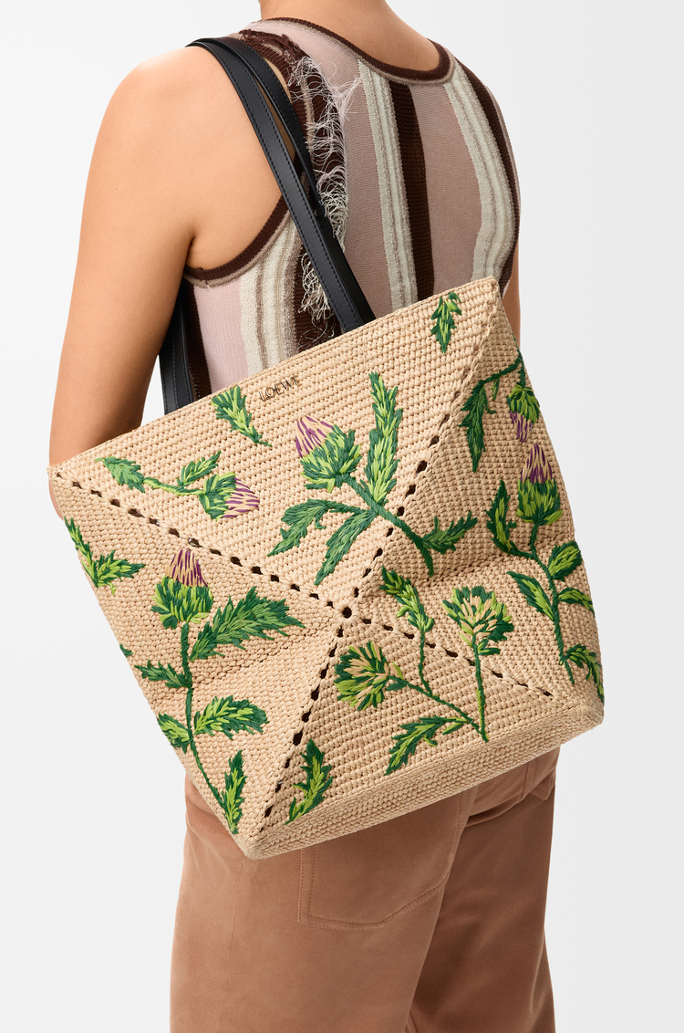 LOEWE Medium Puzzle Fold tote in raffia and calfskin Natural/Green