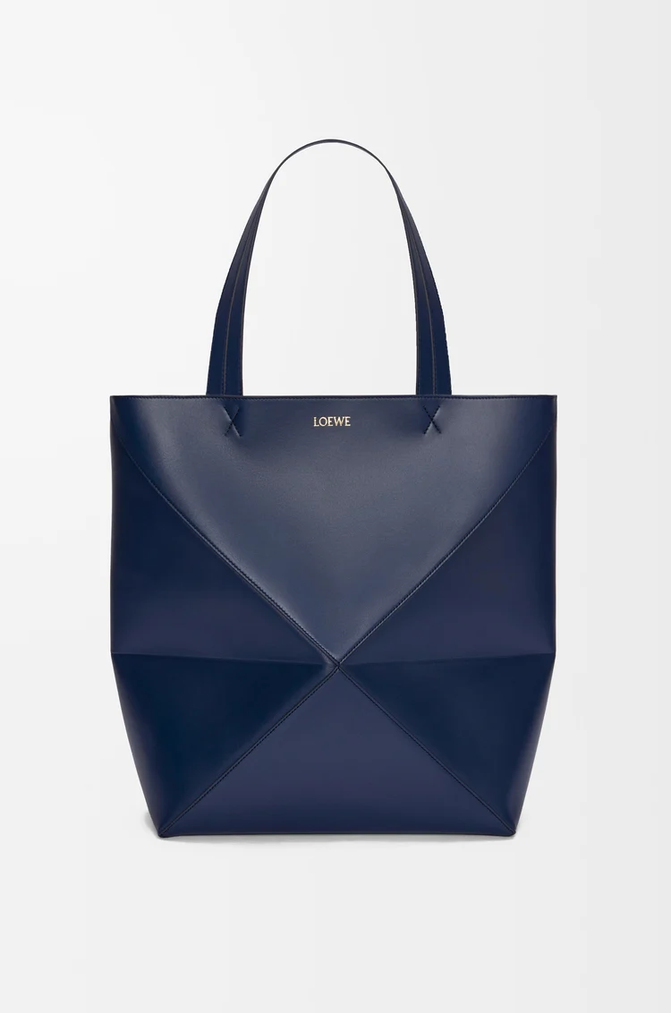 LOEWE XL Puzzle Fold tote in shiny calfskin Abyss Blue