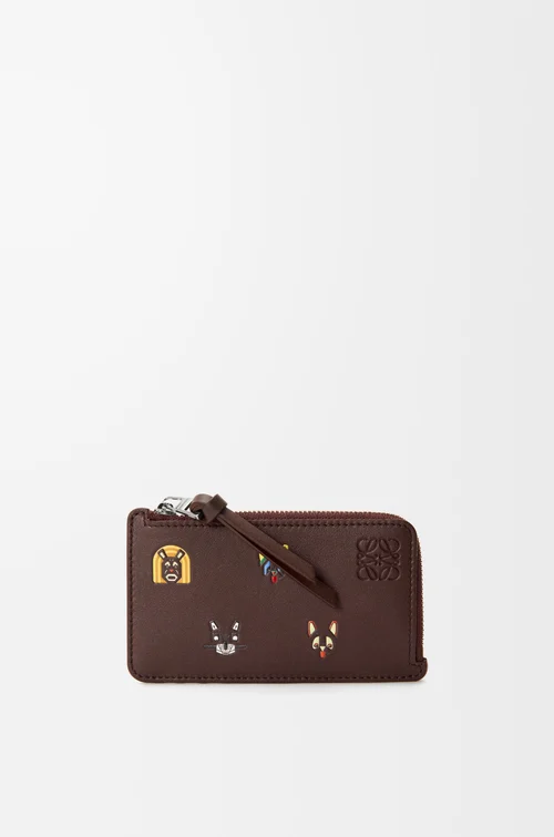 LOEWE Tarjetero-monedero Cats en piel de ternera clásica Marrón