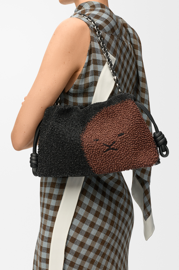LOEWE ライオン ビーズ フラメンコパース ミディアム（ビーズキャンバス&カーフ） ブラック/ピーカン