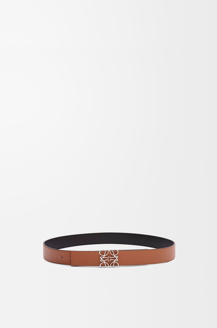 LOEWE 光滑牛皮革双面 Anagram 腰带 黑色/焦糖棕/钯金色