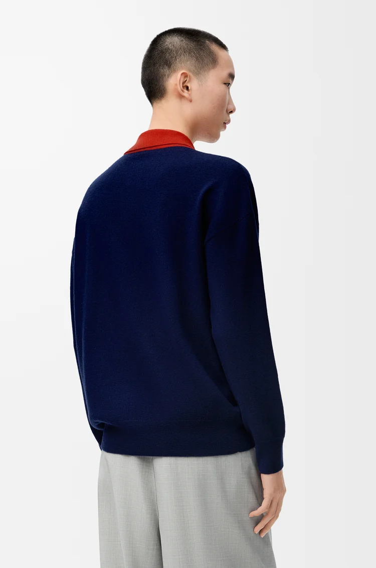 LOEWE Cardigan polo en laine Navy Blue/Orange