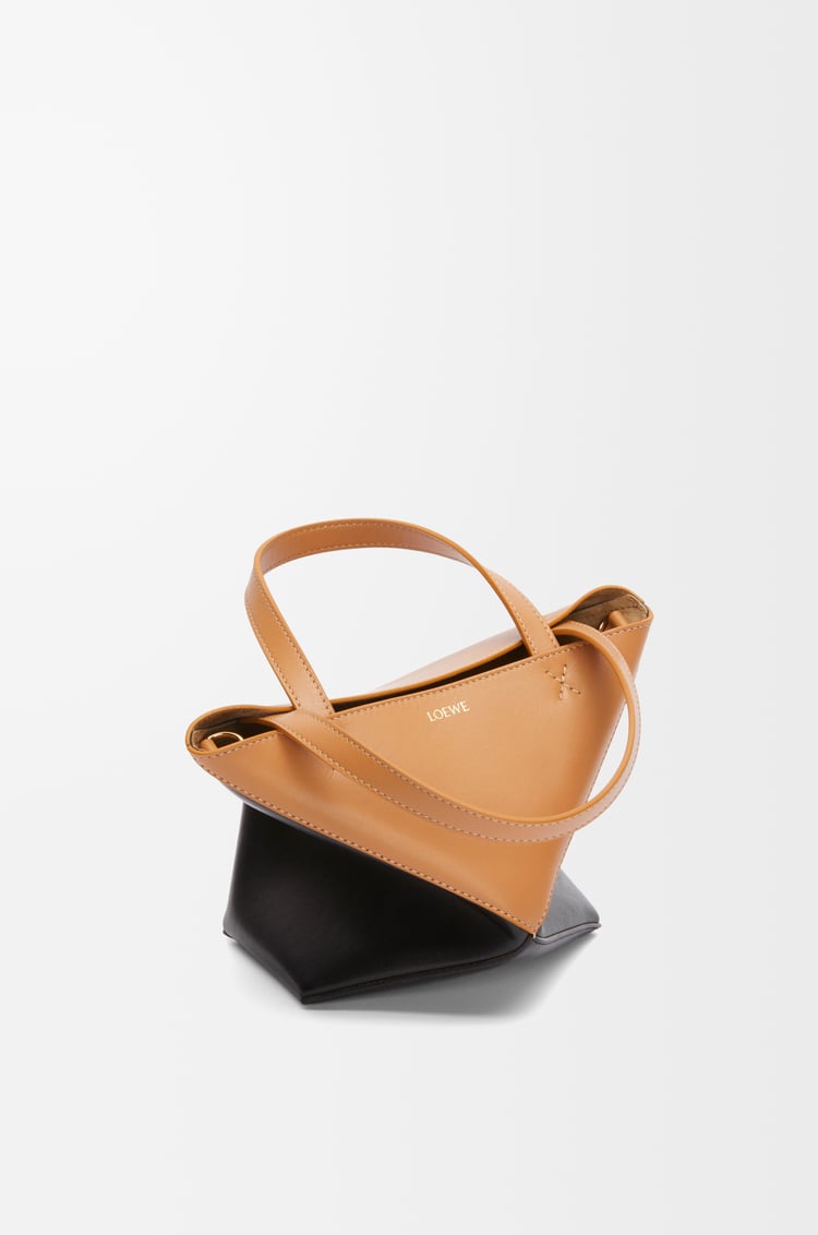 LOEWE Mini Puzzle Fold Tote in shiny calfskin Warm Desert/Black