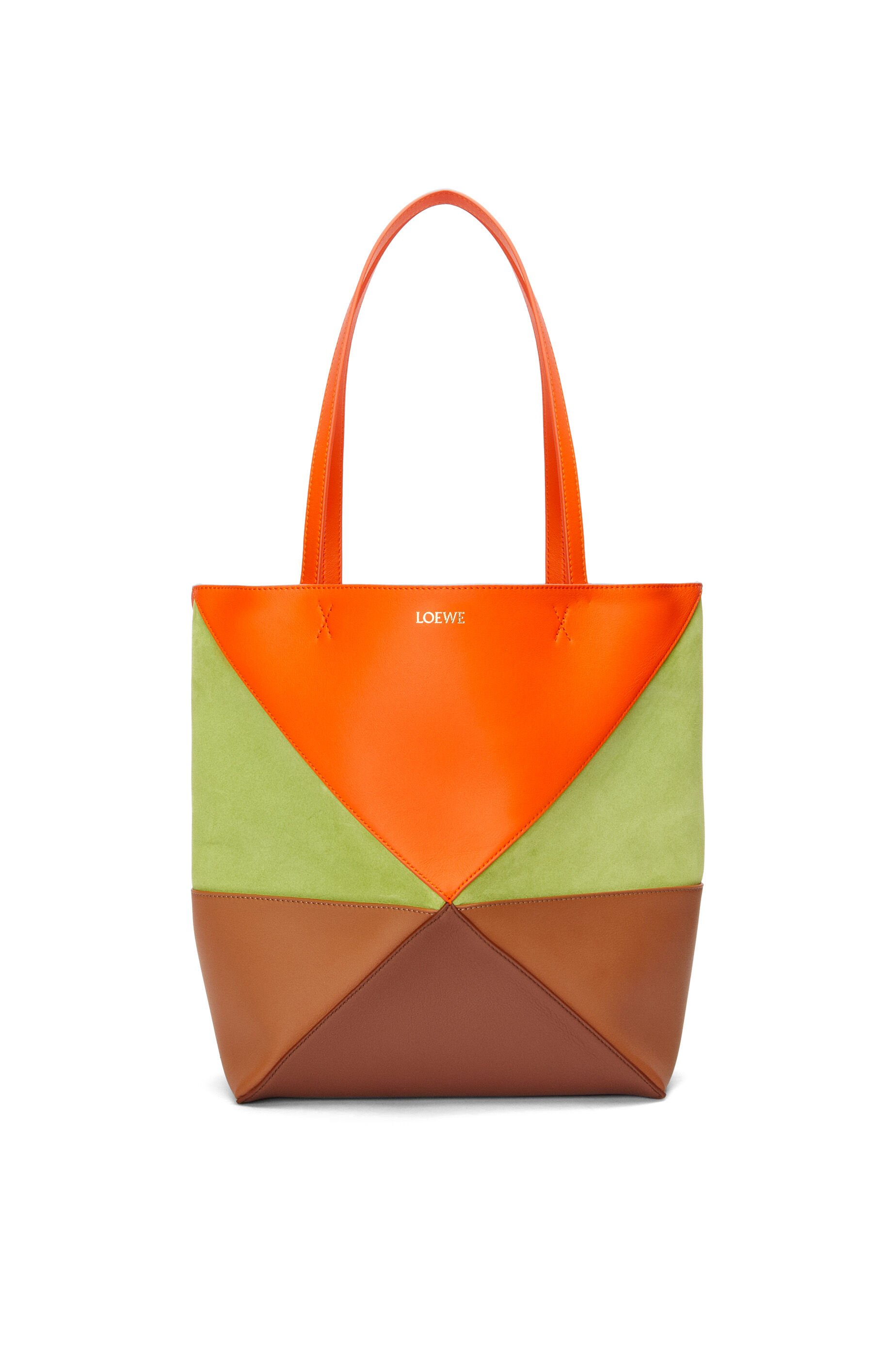 Medium Puzzle Fold tote in calfskin and suede Vivid Orange Meadow Green LOEWE