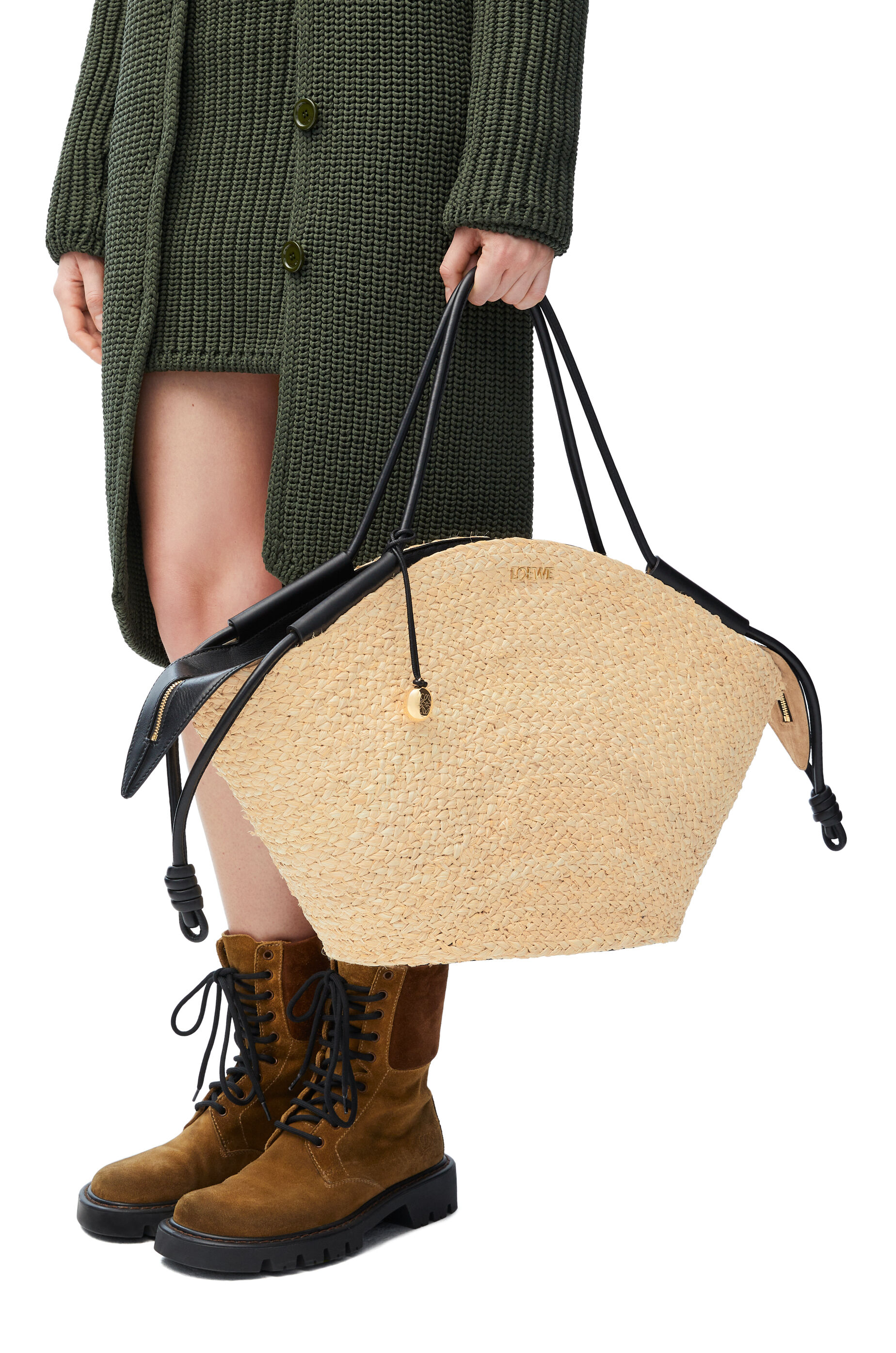Large Paseo basket in raffia and nappa calfskin Natural Black LOEWE