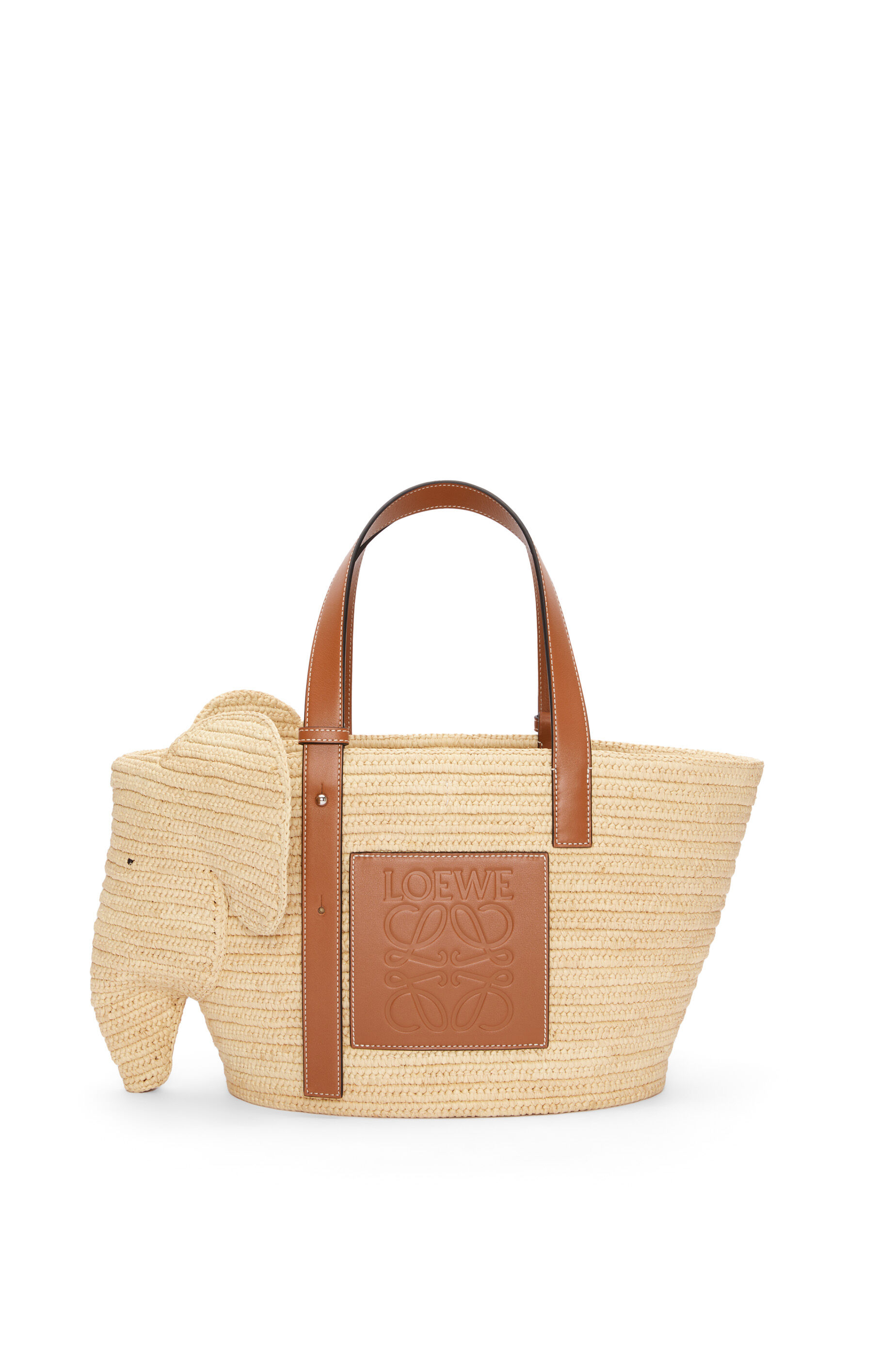 Elephant Basket bag in raffia and calfskin Natural/Tan - LOEWE
