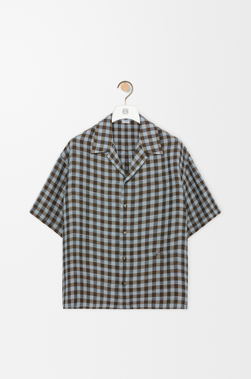 LOEWE Short sleeve shirt in viscose and linen blend Blue/Brown