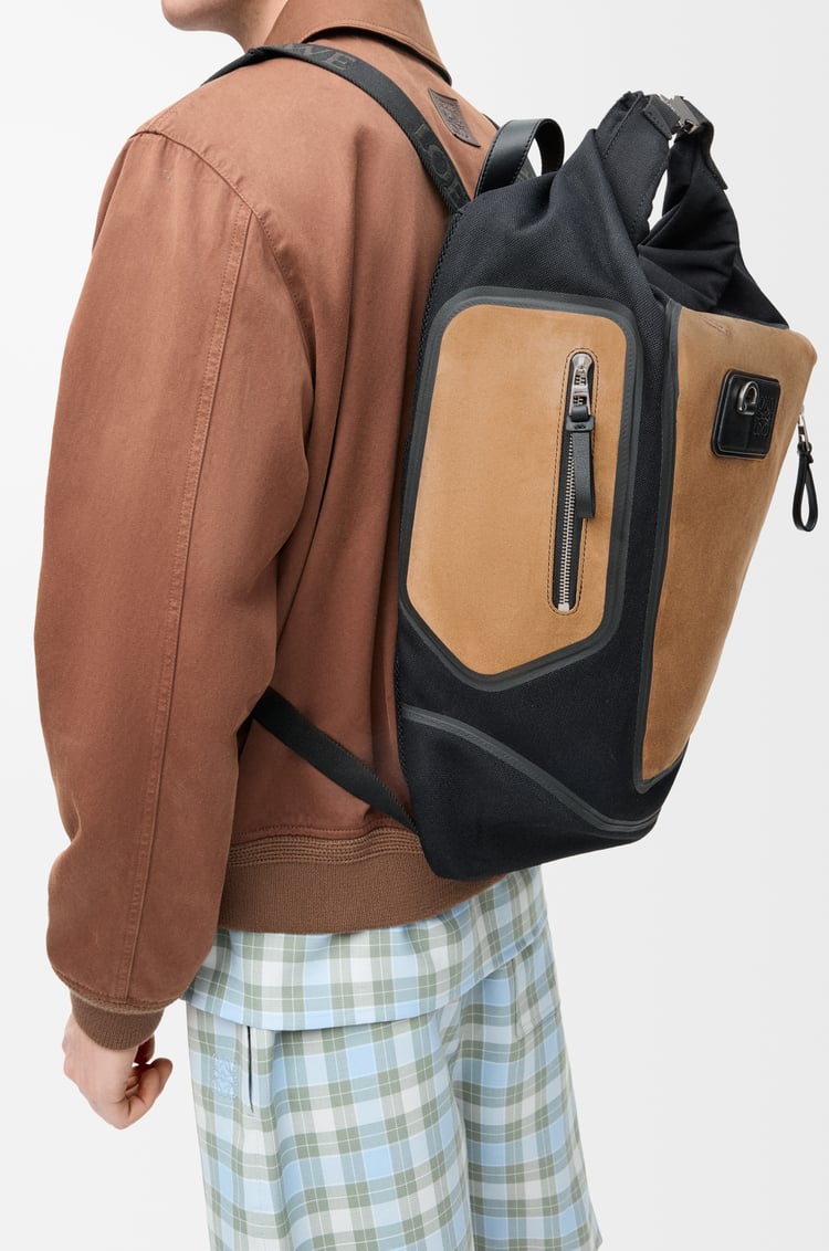 LOEWE Mochila enrollable Flex en lona y ante Negro/Dorado Oscuro
