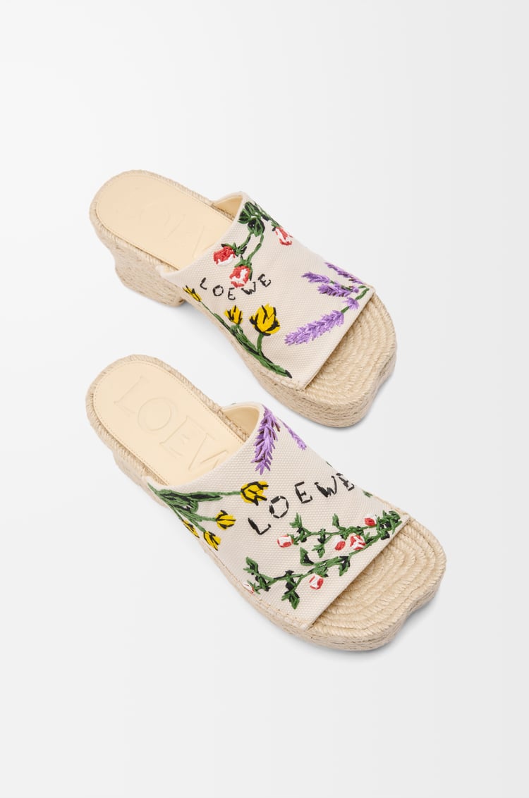 LOEWE Petal espadrille platform slide in embroidered canvas  Cream/Multicolor