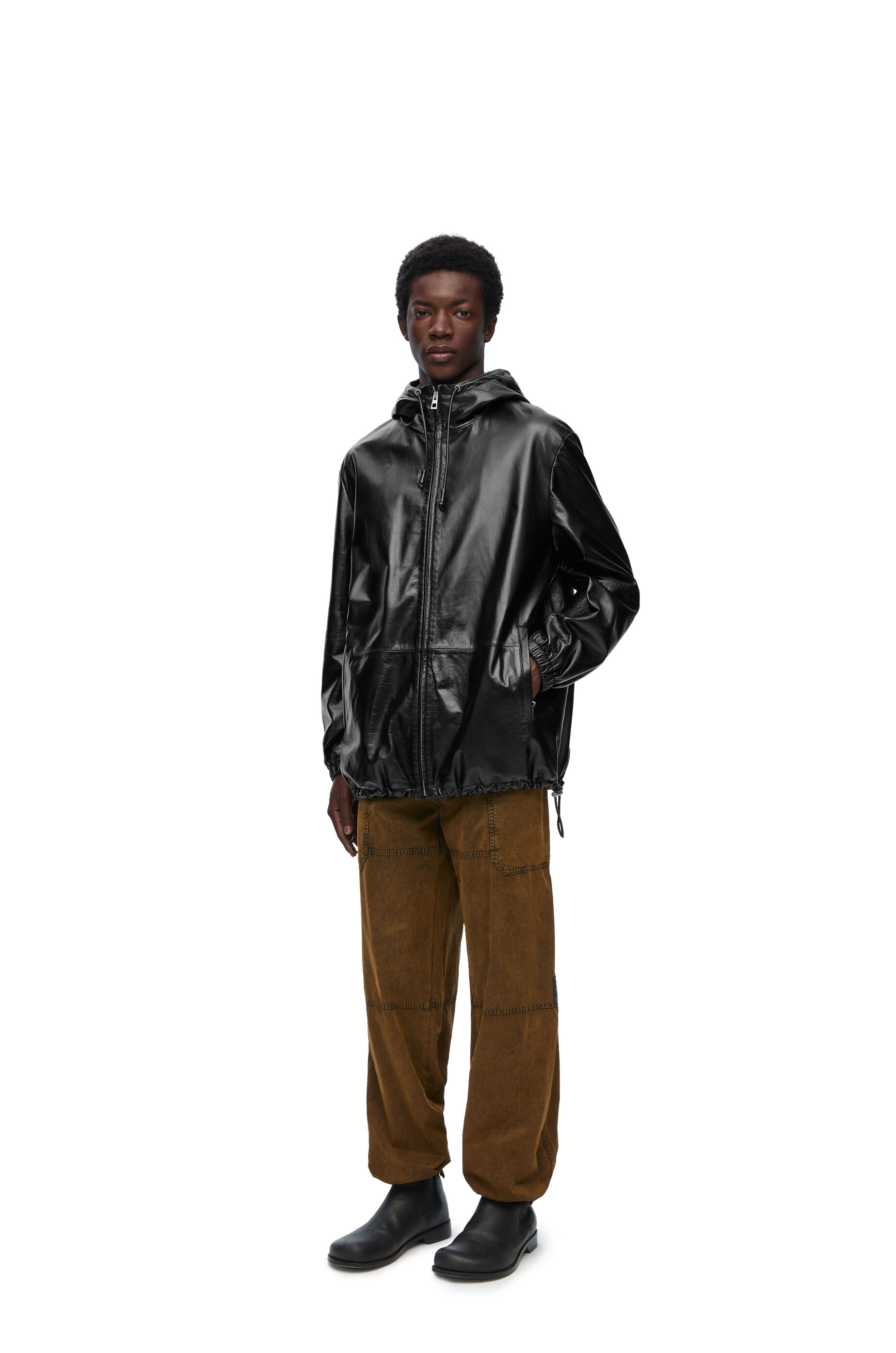 新品 かたかっ 24SS LOEWE ロエベ レザージャケット フーデットジャケット