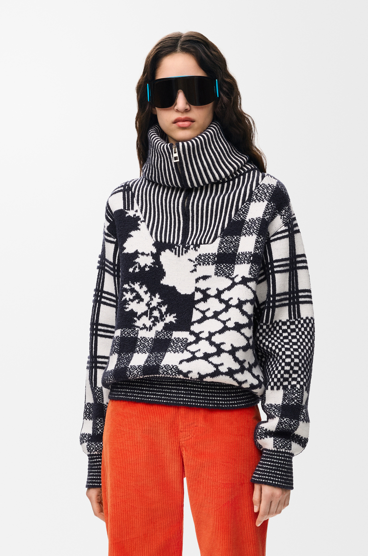 LOEWE Jersey con cremallera en lana Azul Marino/Blanco
