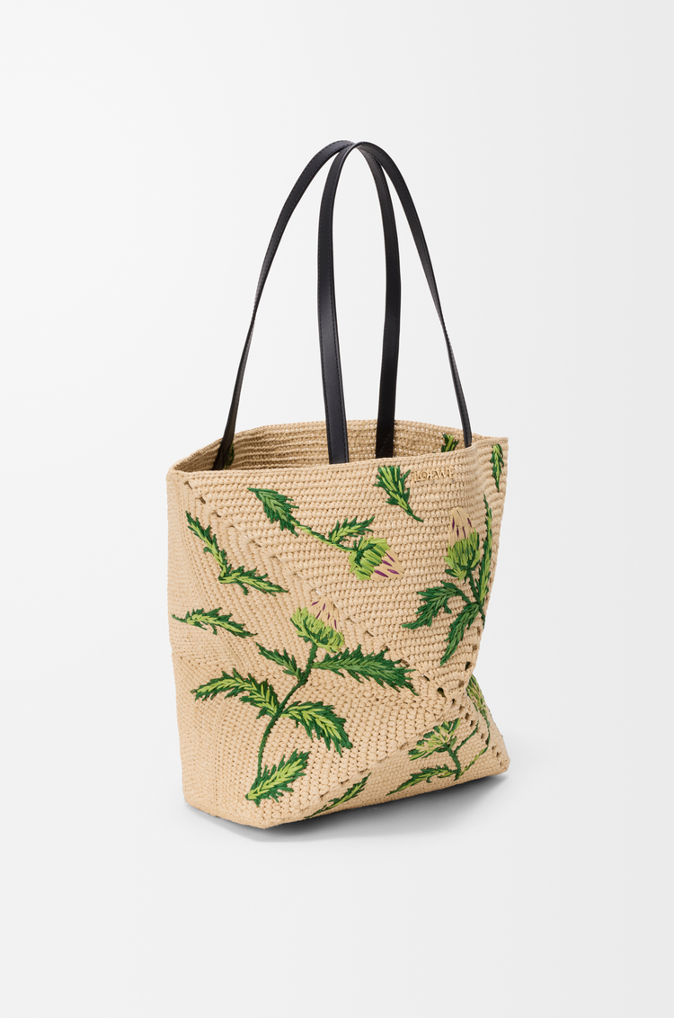 LOEWE Medium Puzzle Fold tote in raffia and calfskin Natural/Green
