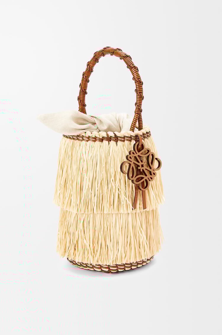 LOEWE Bolso Frayed Bucket en rafia y piel de ternera Natural/Bronceado