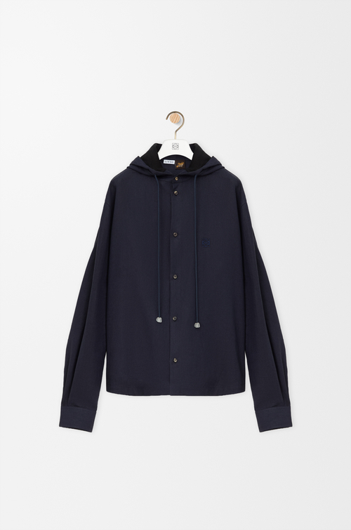 LOEWE Camisa con capucha en algodón y lino Azul Marino/Negro