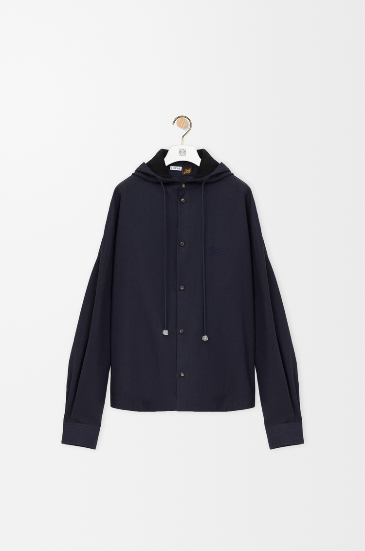 LOEWE Camisa con capucha en algodón y lino Azul Marino/Negro