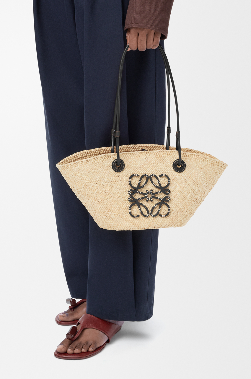 Loewe Small Anagram Basket Bag In Iraca Palm And Calfskin Natural Black