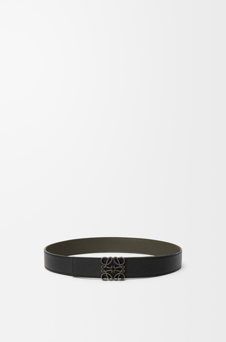 LOEWE Cinturón reversible Anagram en piel de ternera graneada flexible Caqui Oscuro/Negro/Paladio