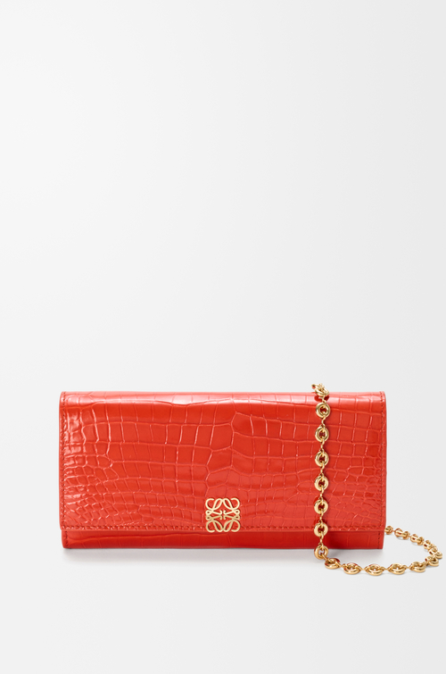 LOEWE Portafoglio Anagram con catena in pelle di coccodrillo lucida Sunrise Orange