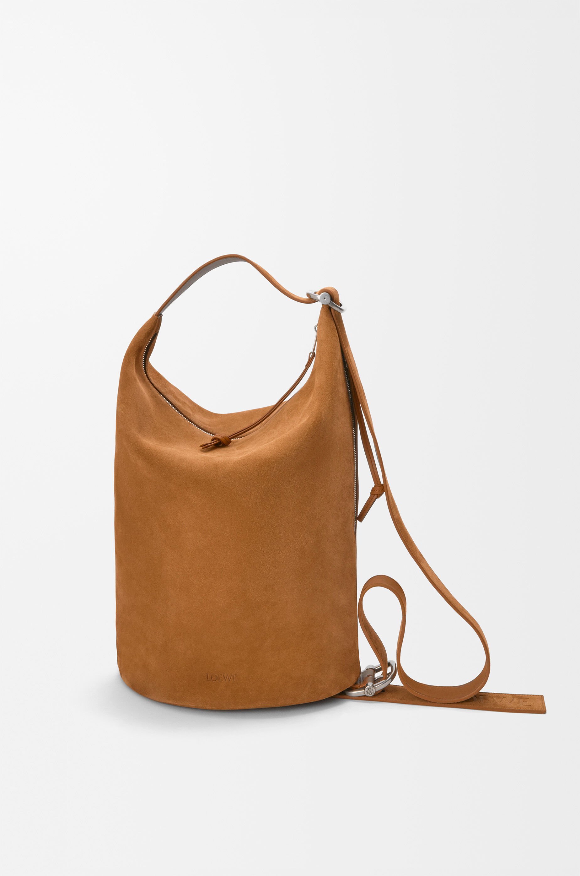 LOEWEレザー巾着型バッグ ブラウン/グリーン Medium Loop bucket in suede calfskin Brown - LOEWE