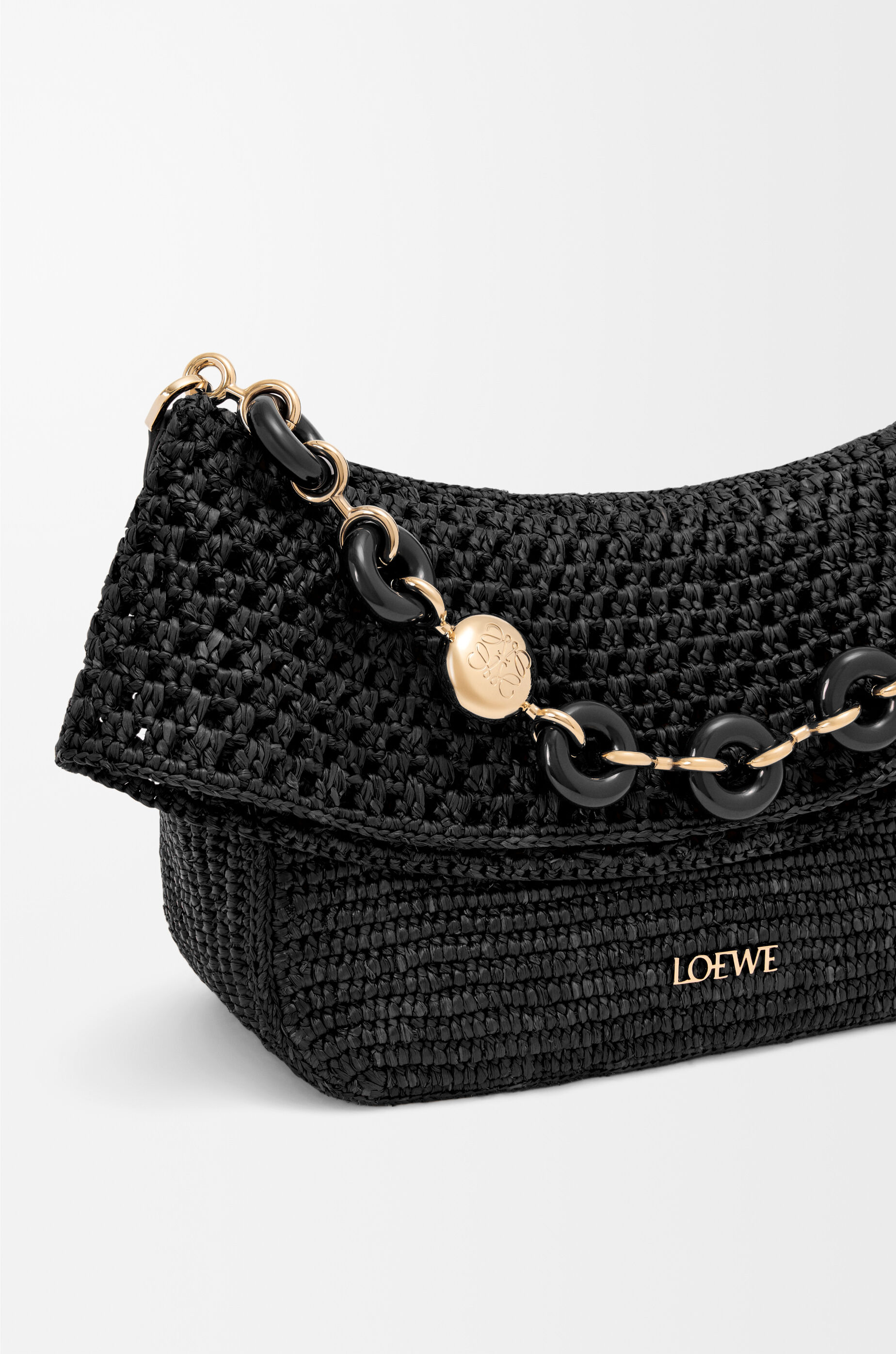 Medium Ola bag in raffia and calfskin Black - LOEWE