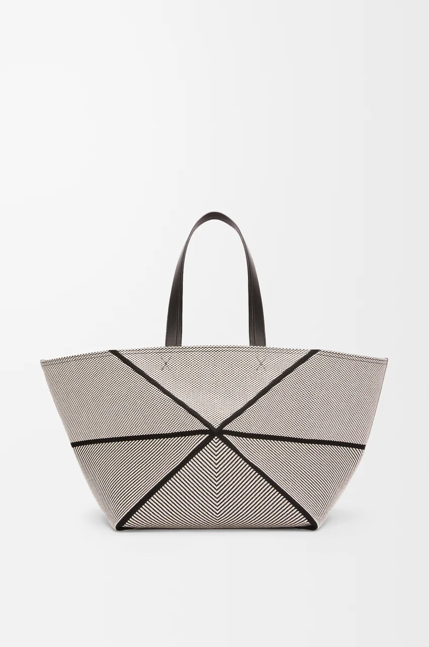 XXL Puzzle Fold tote in canvas jacquard and calfskin