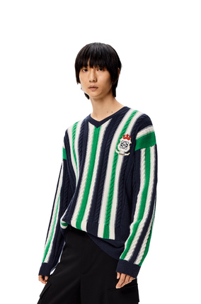 LOEWE Stripe V-neck sweater in wool Dark Blue/Green plp_rd