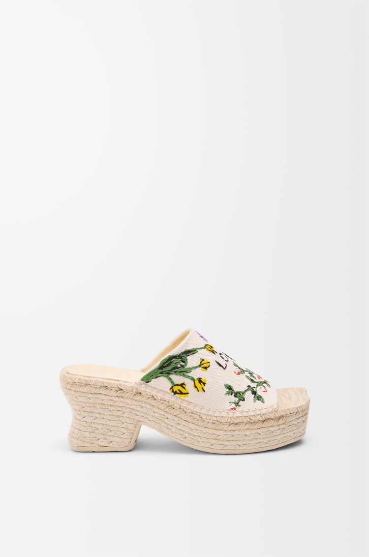 LOEWE Petal espadrille platform slide in embroidered canvas  Cream/Multicolor