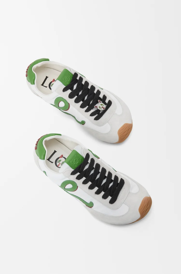 LOEWE Sneakers Ballet Runner 2.0 en nylon et cuir de veau Blanc/Vert Gazon/Orange Foncé