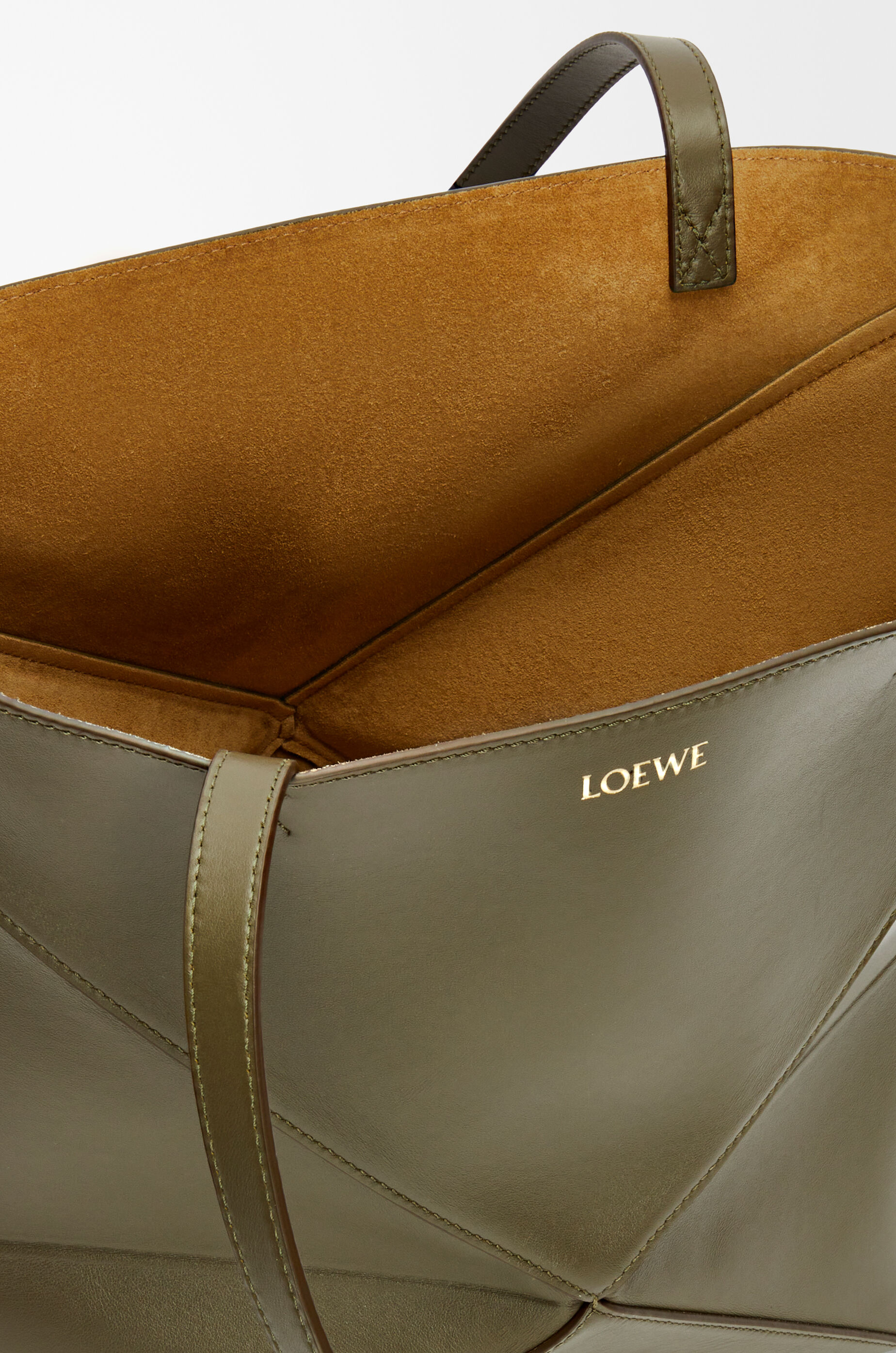 LOEWE Medium Puzzle Fold tote in shiny calfskin Dark Khaki