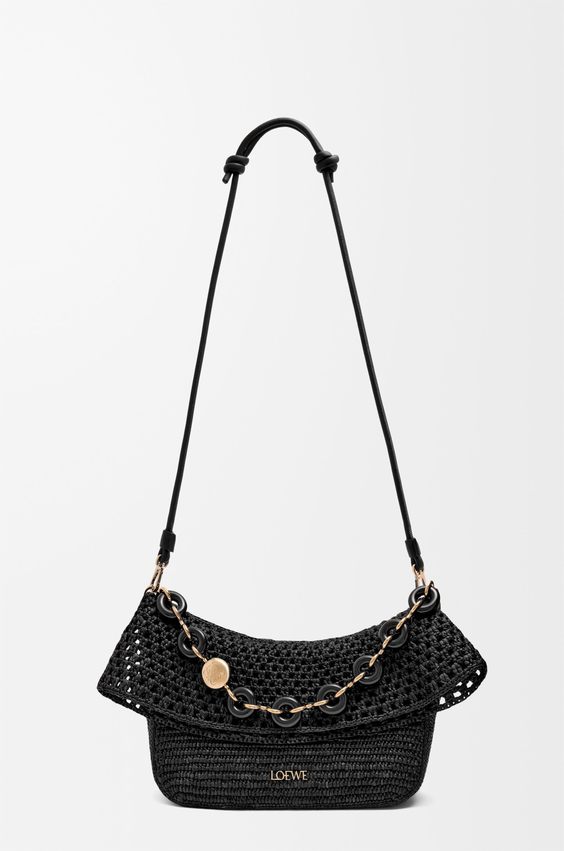 Medium Ola bag in raffia and calfskin Black - LOEWE